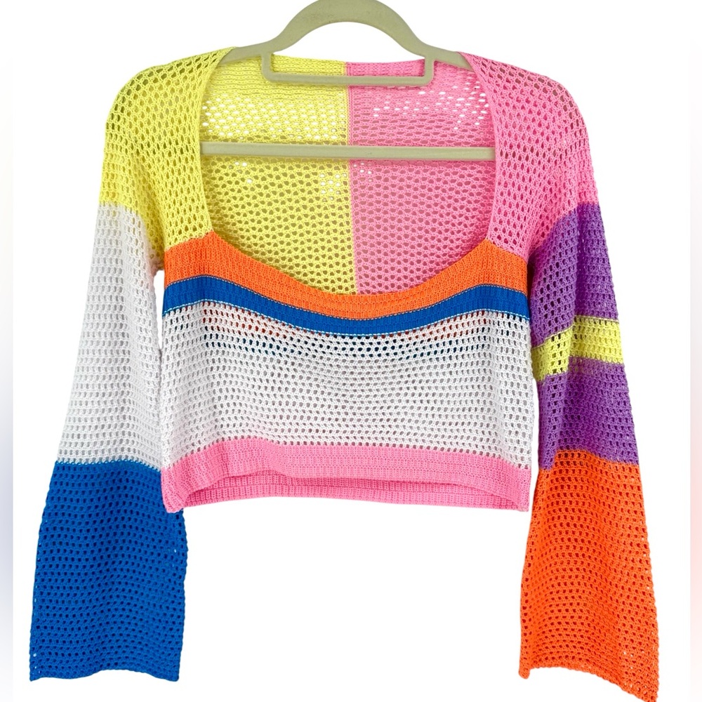 Colorblock Crochet Crop Sweater Rainbow Open Knit Festival Beachy Boho Top Rave